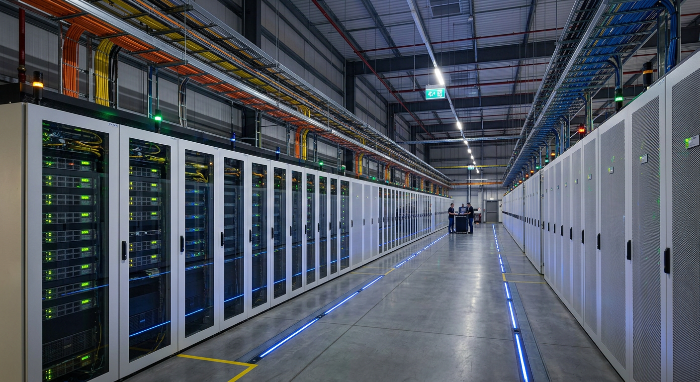a data center with steel pipe and tube networks running across its ceiling
