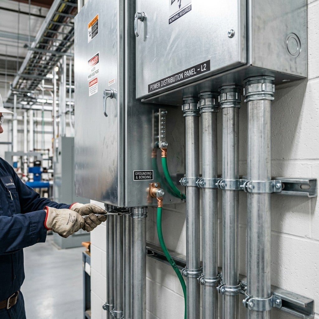 Close-up of rigid metal conduit connected to an electrical enclosure in a commercial installation
