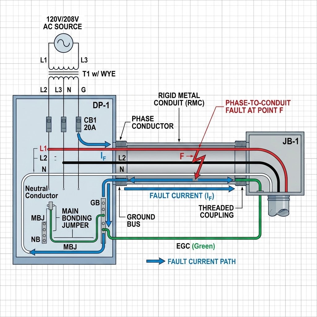 Diagram showing fault current path through rigid metal conduit serving as an equipment grounding conductor