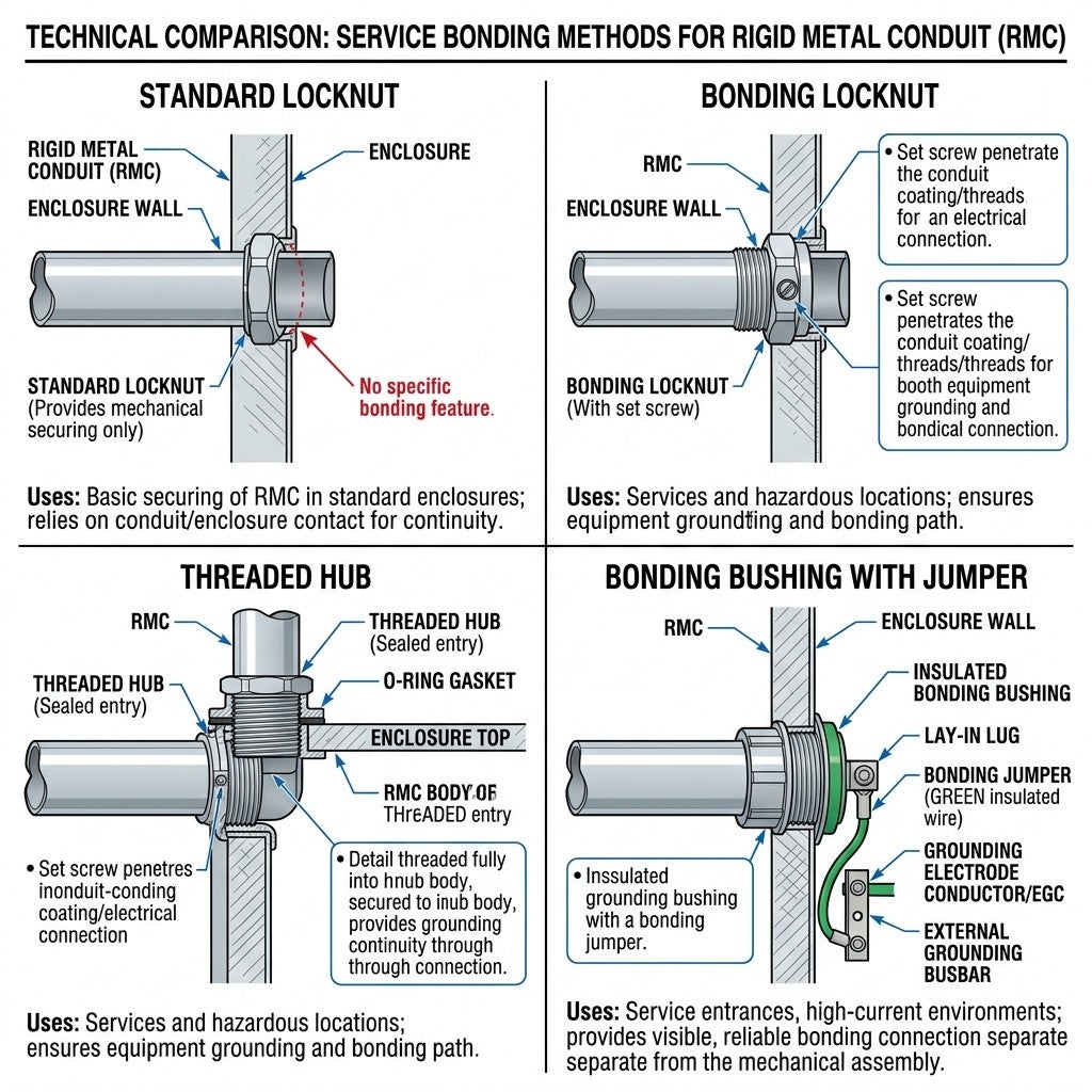 Comparison of service bonding methods for rigid metal conduit including bonding bushing, bonding locknut, threaded hub, and standard locknut