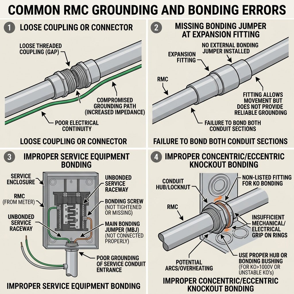 Graphic showing common rigid metal conduit grounding and bonding installation errors